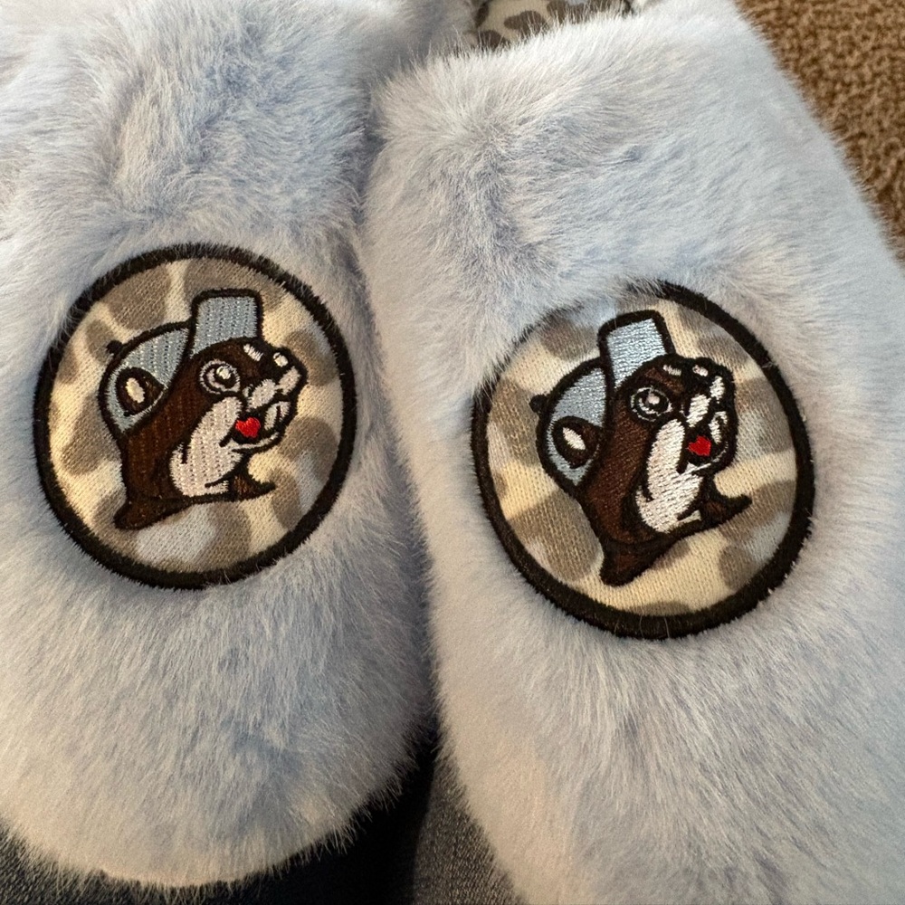 Buc-eesFuzzy Blue Slippers with Embroidered